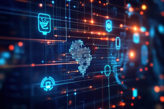 A digital world map with interconnected IoT nodes, AI icons, and business growth indicators, symbolizing the global adoption of technology in the digital age.