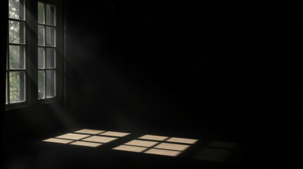Sunlit Shadow in Dark Room: A dramatic image of sunlight streaming through a window in a dark room, casting a grid pattern on the floor.