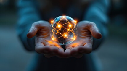 Woman's hands hold glowing atom model.
