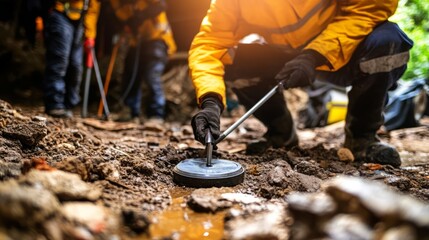 Search team meticulously sifting through debris and rubble, demonstrating unwavering dedication and teamwork in the face of challenging circumstances.
