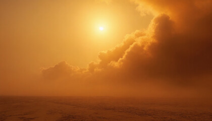 A dramatic scene of a dust storm sweeping across a barren desert landscape, with swirling clouds of orange and brown dust obscuring the sun, creating an eerie, apocalyptic atmosphere
