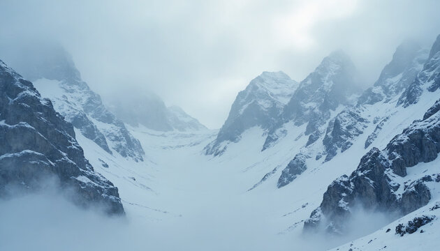 Snowy mountain landscape with fog and cloudy sky