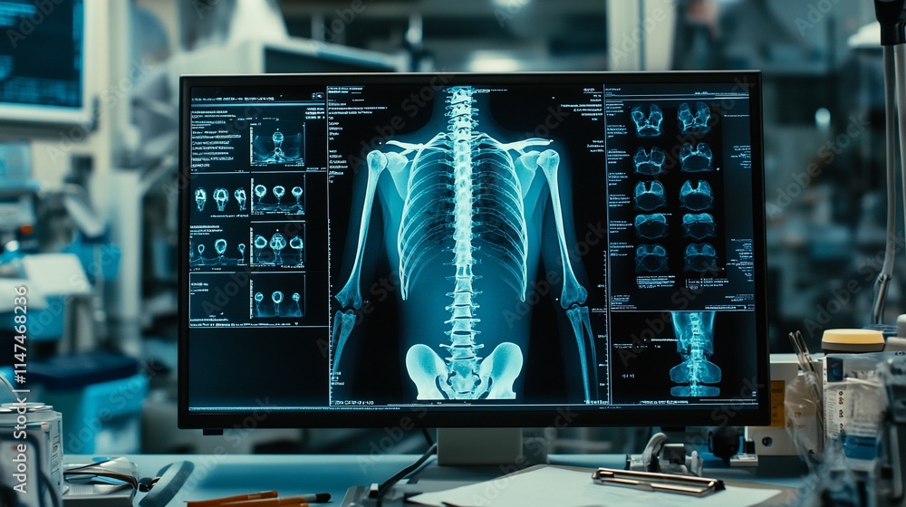 Poster medical monitor displaying x-ray images of a skeleton and various scans.