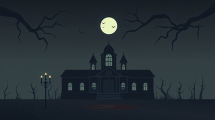 Fototapeta premium Haunted Mansion Under the Moon: A spooky silhouette of a gothic mansion stands against a backdrop of a full moon and bare branches, casting an eerie glow.
