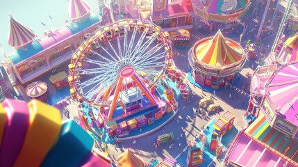 Aerial view of a vibrant amusement park with a Ferris wheel, colorful rides, and bustling crowds.
