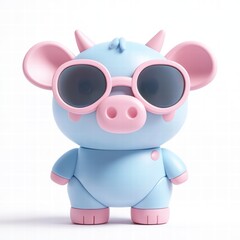 Naklejka premium Cute toy model cow with sunglasses on white background fun figure playful design
