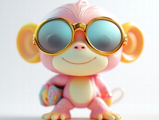 Fototapeta premium Cute toy model of a monkey wearing sunglasses white background playful environment fun viewpoint