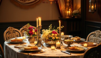 Fototapeta premium Elegant dining table set with candles, flowers, and fine dinnerware for a special occasion.