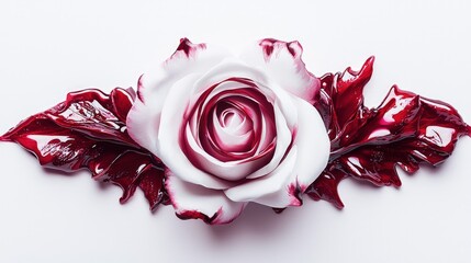 Sculpted white rose with dark red leaves on white background.