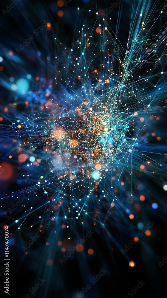 Poster abstract network of bright luminous lines and points