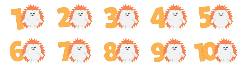 Cute Hedgehog character, numbers vector set. Beautiful elements for Kids Birthday Party invitation, greeting card, poster, event, prints and cake toppers design