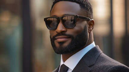 Obraz premium Handsome bearded man wearing sunglasses and looking away from the camera 