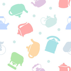 Delicate light seamless print or pattern with teapots for kitchen towel, curtains or packaging.