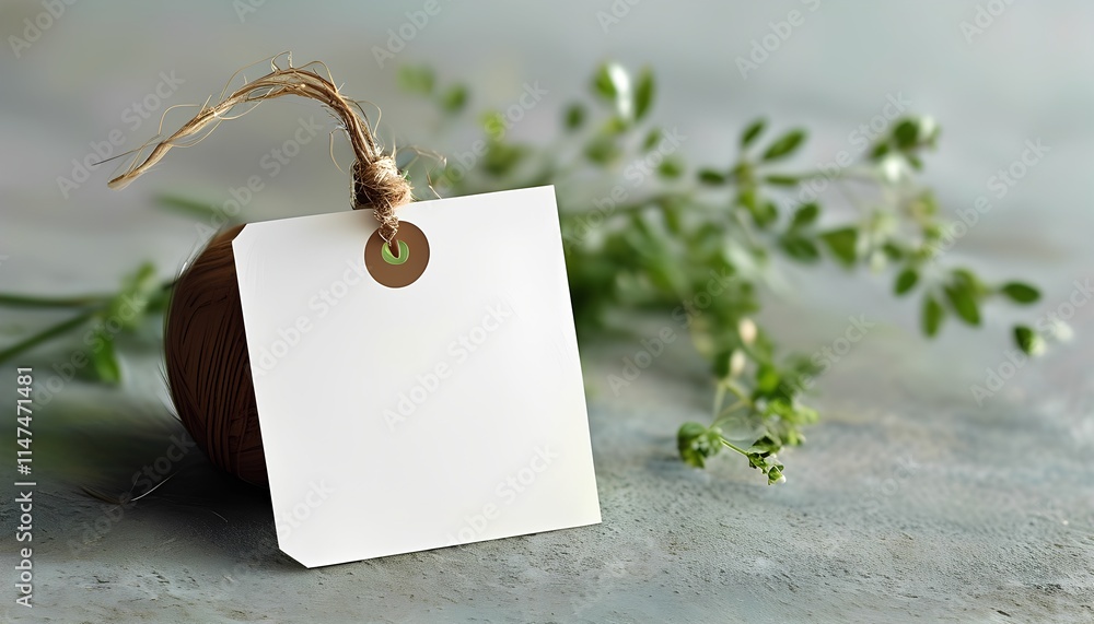 Poster blank label tag on a natural setting with greenery close-up photography rustic environment minimalis