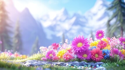 Obraz premium Colorful wildflowers bloom in a lush green meadow with majestic snow-capped mountains under a bright sunny sky.