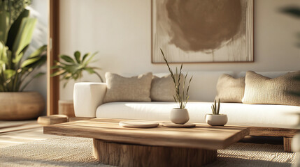 Serene Minimalist Living Room Interior with Natural Light and Wooden Accents