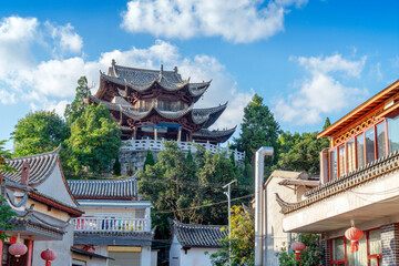 Ancient buildings on the shore of Yilóng Lake in Shiping County, Yunnan, China.