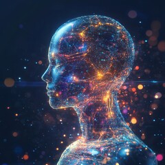 A head in space, a cosmic illustration of mind power and brain energy against the night sky, a universe within a globe