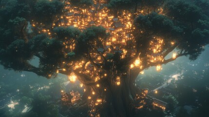 Obraz premium Enormous tree with glowing houses in its branches at night.