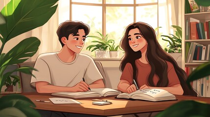 Young Couple Studying Together In A Sunny Room