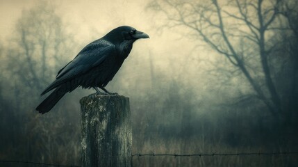 Fototapeta premium Raven perched on post in foggy field.