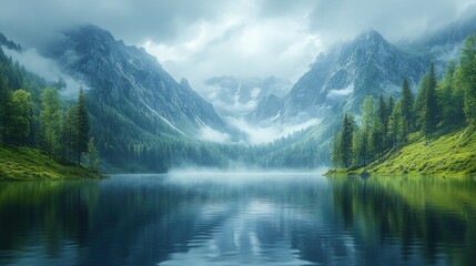 Fototapeta premium Misty mountain lake, serene reflections, green trees.