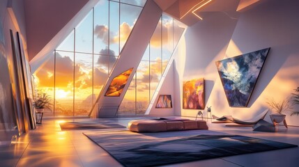 Modern art gallery in penthouse with sunset view.