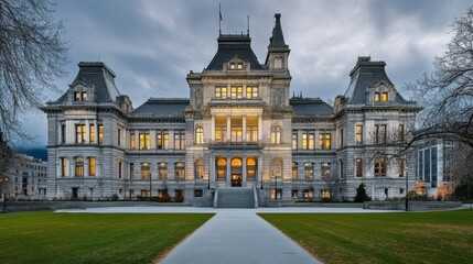 Fototapeta premium Courthouse building exterior bathed in warm sunset hues, symbolizing justice and order amidst the tranquility of evening light.