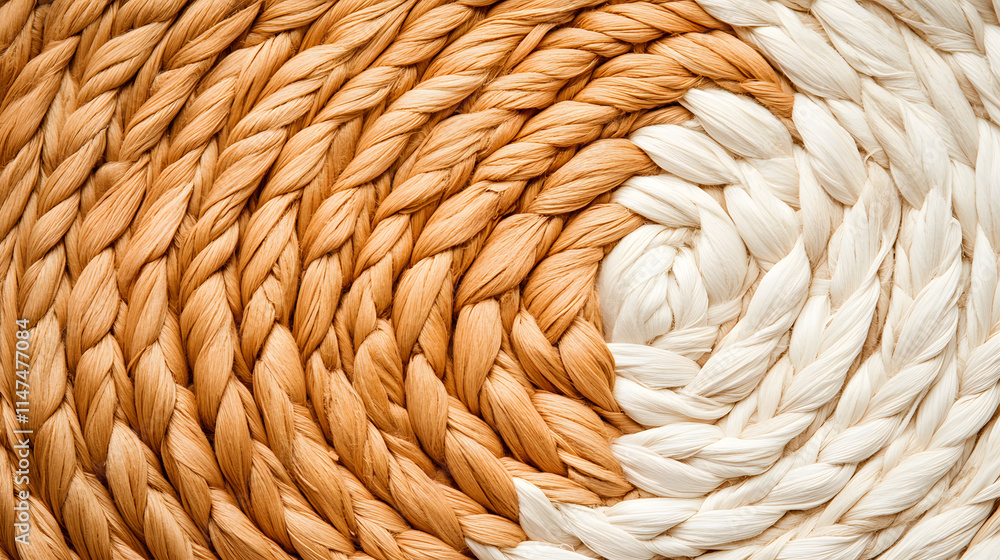 Poster a close-up of a circular woven mat featuring a spiral design with alternating shades of beige and wh