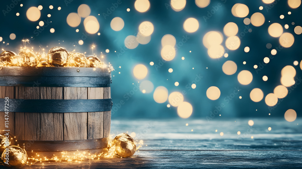 Aufkleber A rustic barrel adorned with glowing lights sits on a surface, surrounded by soft bokeh, creating a warm and festive atmosphere