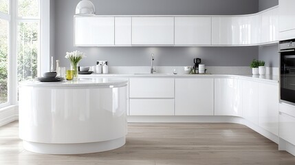 Modern white kitchen with curved island, high gloss cabinets, wooden floors, and natural light.