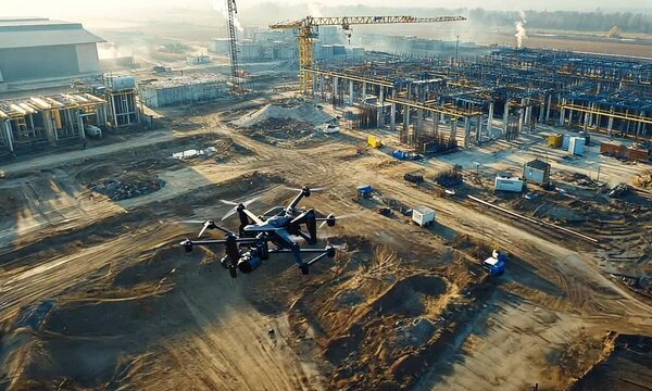 Aerial view of a construction site with a drone capturing the progress of building structures.