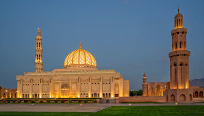 Muscat, Oman. Sultan Qaboos Grand Mosque is the largest mosque in Oman and a main attraction in Muscat	