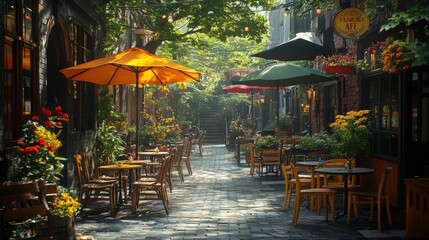 Sunlit cobblestone alley, outdoor cafe, colorful umbrellas.