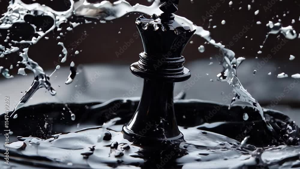 Poster black chess king piece splashes dramatically in dark liquid creating intricate patterns, black chess