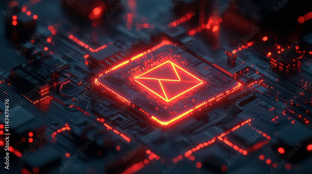 Poster glowing red email symbol on a circuit board, representing digital communication and technology.