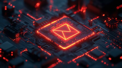 Glowing red email symbol on a circuit board, representing digital communication and technology.
