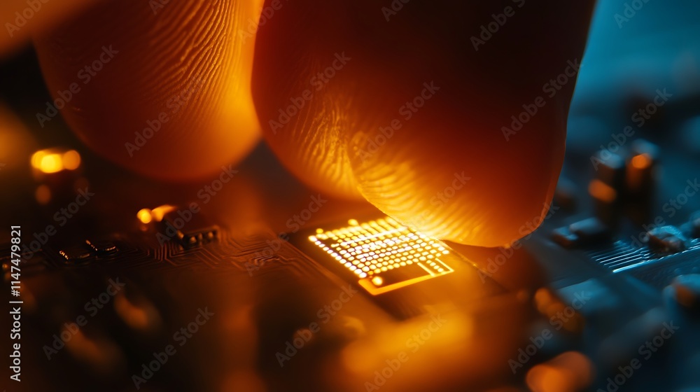 Poster fingers gently touching illuminated microchip circuit board