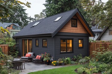 Modern dark gray house with wood accents, showcasing a stylish backyard patio. Ideal for real estate, home design, and architectural websites.