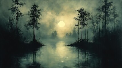 Naklejka premium Misty lake, moonlit trees, serene landscape.