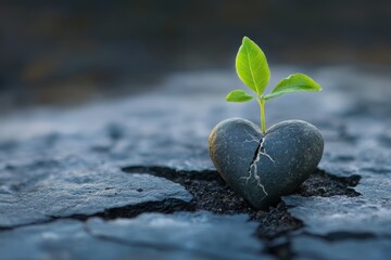 Heart-shaped stone cracked, sprout emerges. Represents hope, resilience, and new beginnings after hardship.