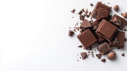Milk chocolate chunks and shavings on white background.
