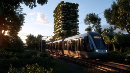 Obraz premium Sustainable Cityscape: Eco-Friendly Tram and Vertical Green Building at Sunset