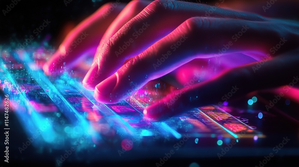 Poster advanced hands typing on computer with digital display and effects