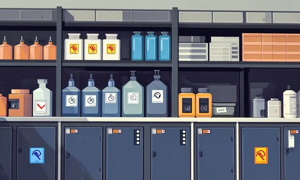 A laboratory shelf displaying various chemical bottles and containers for scientific use.
