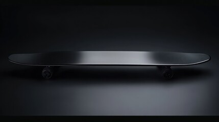 A black skateboard with black wheels on a black background, in profile.