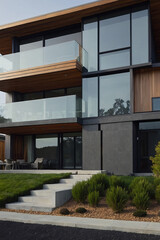 Fototapeta premium Contemporary two-story home with wood and dark gray siding. Features large windows, glass balconies, and landscaping. Steps lead from the lawn to the entrance.