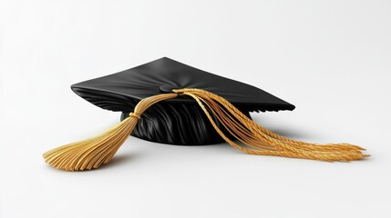 A bold and modern 3D black mortarboard with a shining golden tassel, rendered in high detail, isolated on a white backdrop