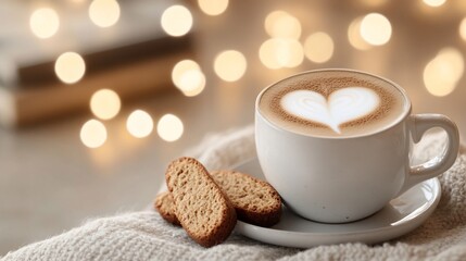 Coffee with heart design and cookies on a cozy setting.