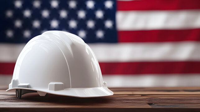A striking white engineer's helmet rests on a wooden table, symbolizing safety and pride amid a blurred backdrop of the American flag.